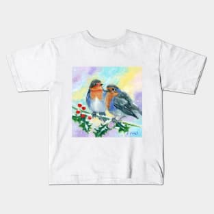 Robins on a holly branch Kids T-Shirt